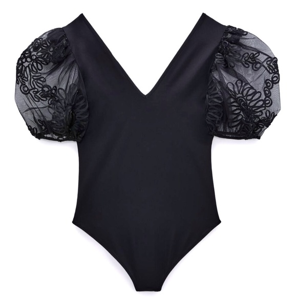 Zara embroidery sheer balloon sleeves bodysuit - Picture 2 of 9